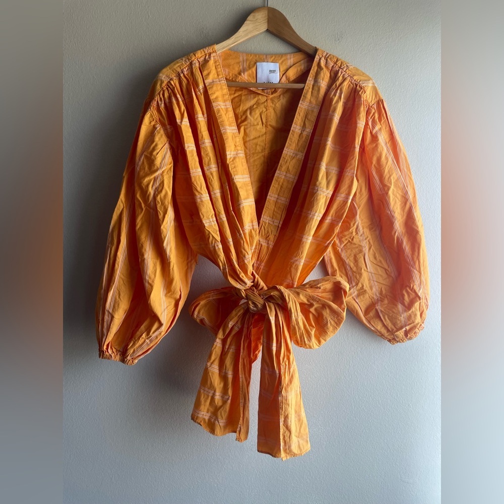 Acler Wyatt Cropped Top Women Yellow Pumpkin Stripe Long Sleeve Tie Waist Sz 4